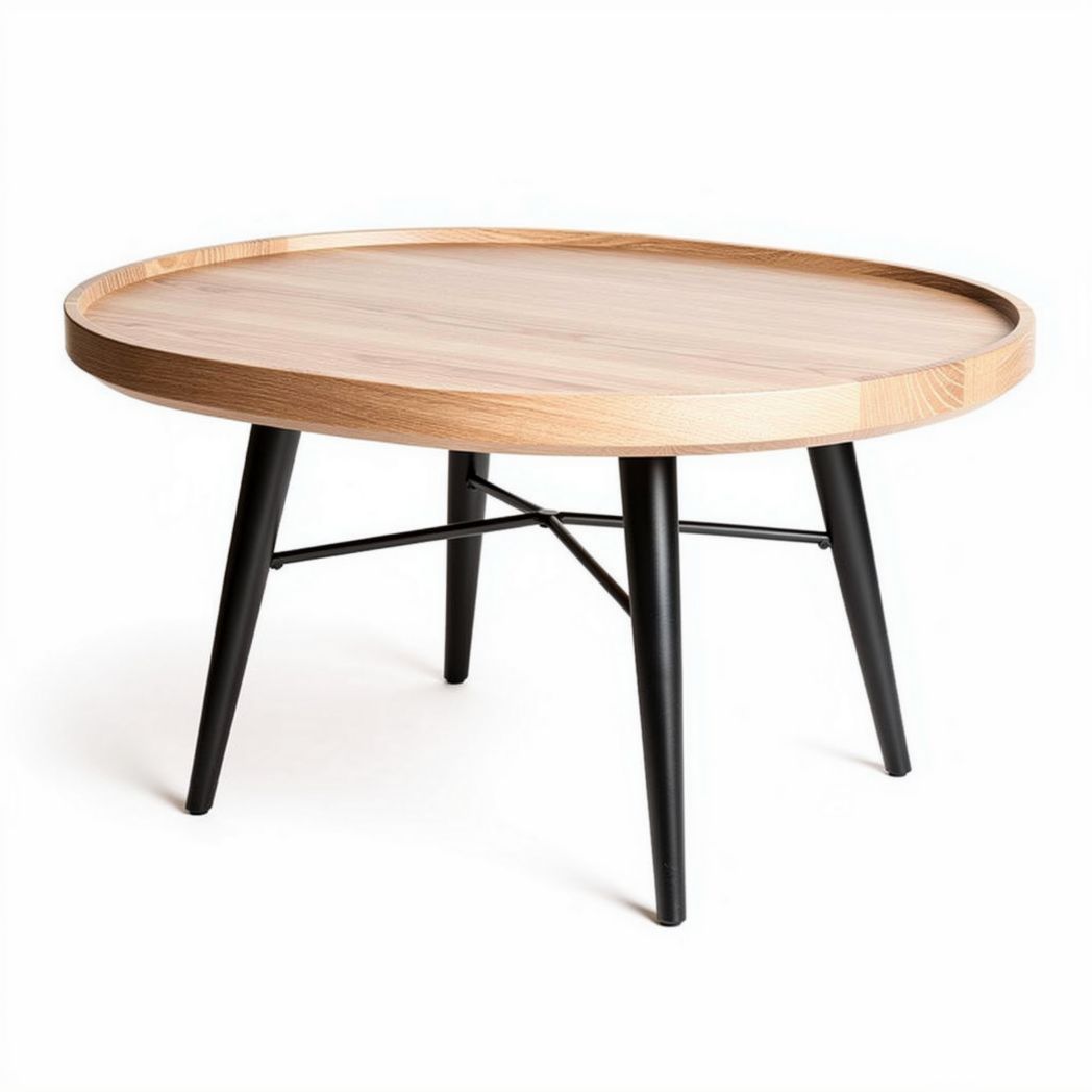 Tavolino da caffè rotondo in legno di rovere e gambe nere 80 x 80 x 40cm