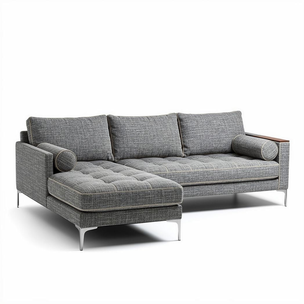 Divano angolare grigio in tessuto con poggiatesta e struttura in metallo 220 x 90 x 85cm