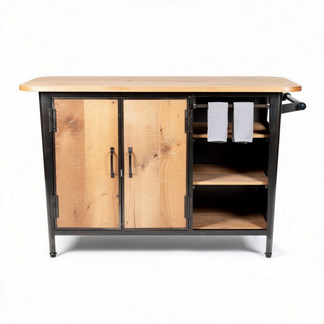 Mobile da cucina in legno di pino e metallo con 2 ante e ripiani 120 x 50 x 90cm